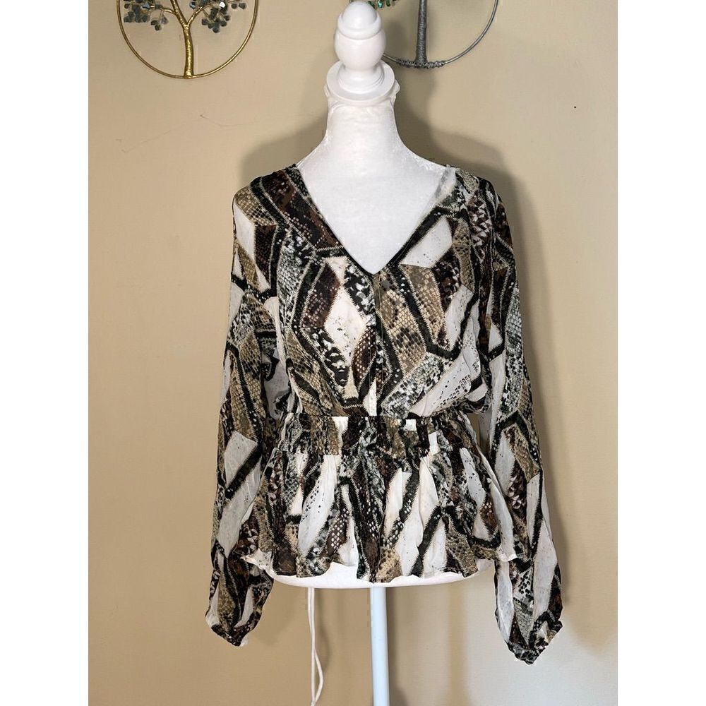 H&M Snakeskin Pattern Print Semi Sheer Deep V Blouse Size 2